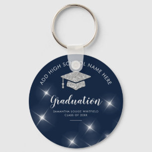 Navy Blue Glitter Silver Graduation School Grad 22 Key Ring