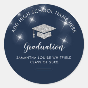 Navy Blue Glitter Silver Graduation School Grad Classic Round Sticker