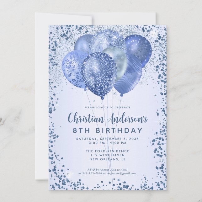 Navy Blue Glitter Sparkle Balloon Kids Birthday Invitation (Front)