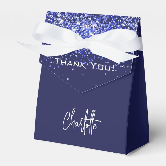 Navy blue glitter sparkles name thank you favour box (Front Side)