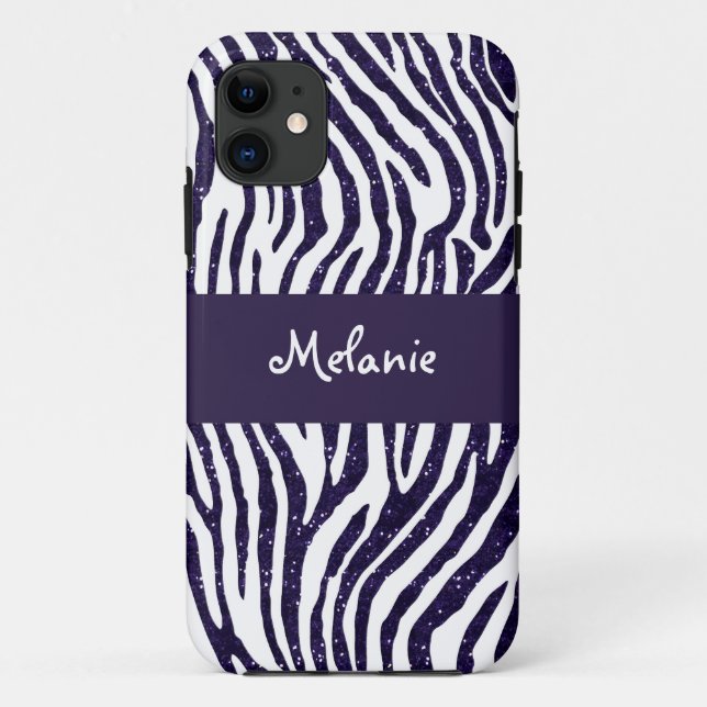 Navy Blue Glitter Zebra Monogram iPhone Case (Back)