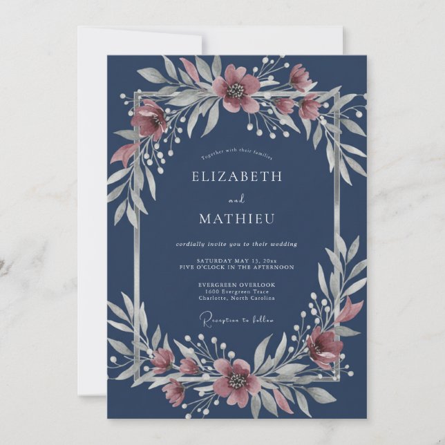 Navy Blue Glorious Winter Wedding Invitation (Front)