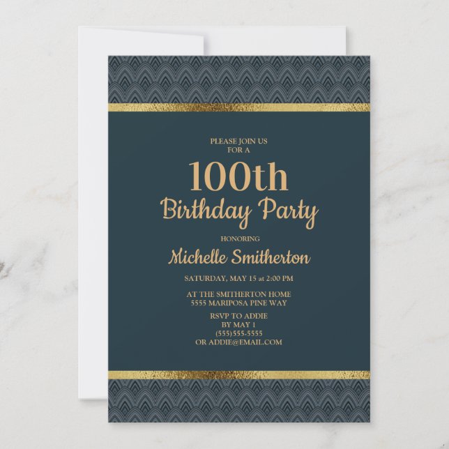 Navy Blue Gold 100th Birthday Party Invitation (Front)