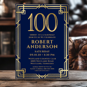 Navy Blue Gold 100th Birthday Photo Surprise Party Invitation