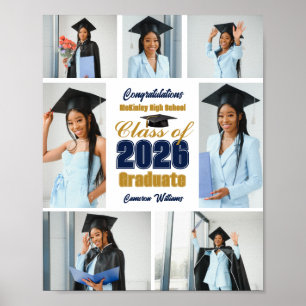 Navy Blue Gold 2026 Graduation Photo Collage Poster