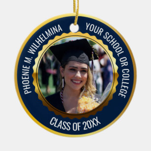 Navy Blue Gold 2 Photo Graduation Class of 2024 Ceramic Tree Decoration