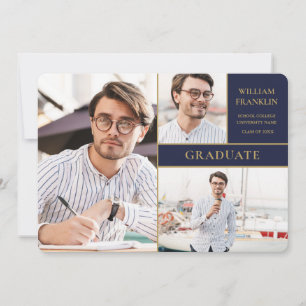 Navy Blue Gold 3 Photo Collage Graduation  Announc Announcement