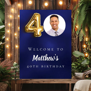 Navy blue gold 40th photo birthday party welcome poster