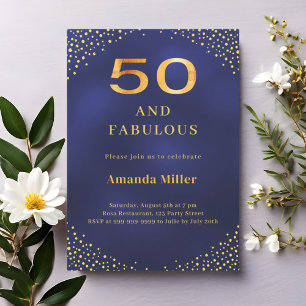 Navy blue gold 50th fabulous birthday invitation