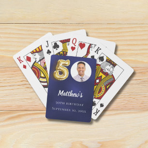 Navy blue gold 50th photo birthday party playing cards