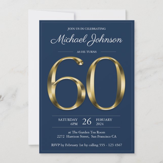 Navy Blue Gold 60th Birthday Invitation (Front)