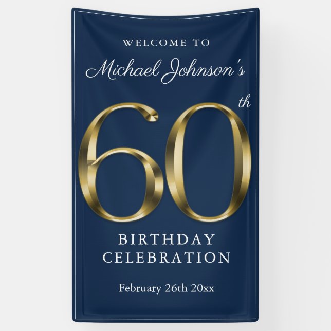 Navy Blue Gold 60th Birthday Party Elegant Welcome Banner (Vertical)
