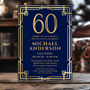 Navy Blue Gold 60th Birthday Photo Surprise Party Invitation