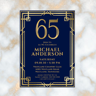 Navy Blue Gold 65th Birthday Photo Invitation
