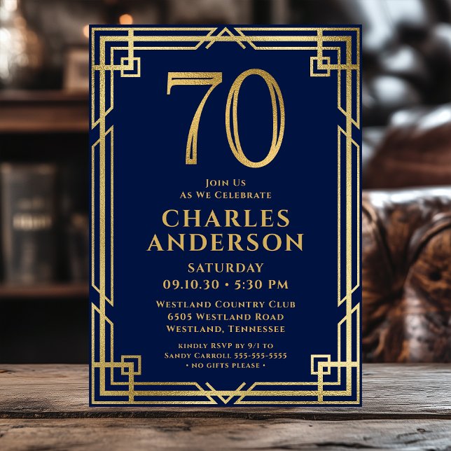Navy Blue Gold 70th Birthday Photo Invitation (Creator Uploaded)