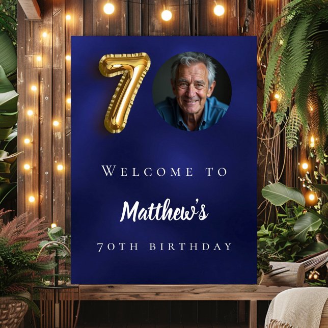 Navy blue gold 70th photo birthday party welcome poster (Creator Uploaded)