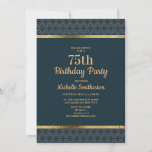 Navy Blue Gold 75th Birthday Party Invitation