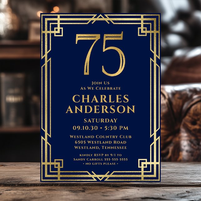 Navy Blue Gold 75th Birthday Photo Invitation (Creator Uploaded)