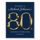 Navy Blue Gold 80th Birthday Custom Welcome Sign