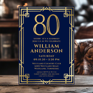 Navy Blue Gold 80th Birthday Photo Surprise Party Invitation