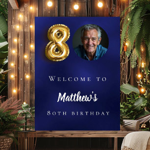 Navy blue gold 80th photo birthday party welcome poster