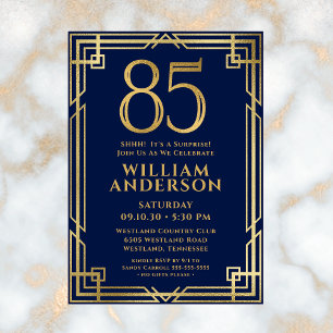 Navy Blue Gold 85th Birthday Photo Surprise Party Invitation