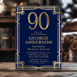 Navy Blue Gold 90th Birthday Photo Invitation<br><div class="desc">This fabulous navy blue and gold men's 90th birthday party invitation featuring the number 90 in gold with modern fonts surrounded by a gold art deco frame on the front and your favourite photo of the guest of honour on the back would be perfect for asking people to join you...</div>