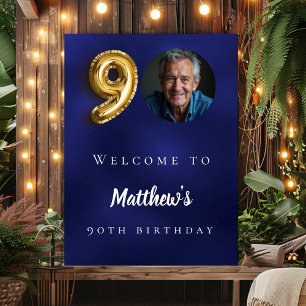 Navy blue gold 90th photo birthday party welcome poster