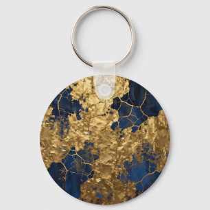 Navy Blue Gold Abstract Art Key Ring