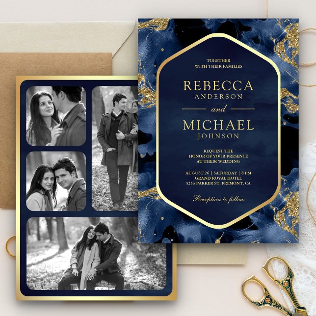 Navy Blue Gold Abstract Fluid Ink Photo Wedding Invitation (Creator Uploaded)