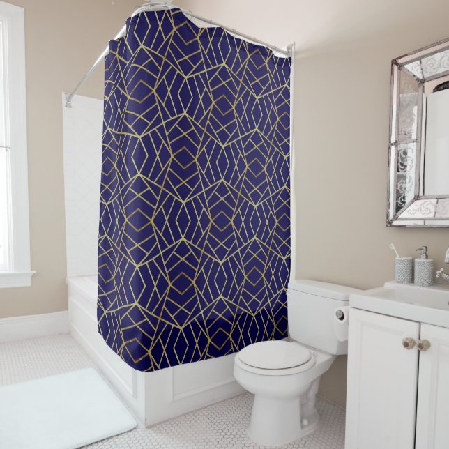 Navy Blue & Gold Abstract Geometric Pattern Luxury Shower Curtain (In Situ)