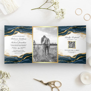 Navy Blue Gold Abstract Ink QR Code Wedding Tri-Fold Invitation