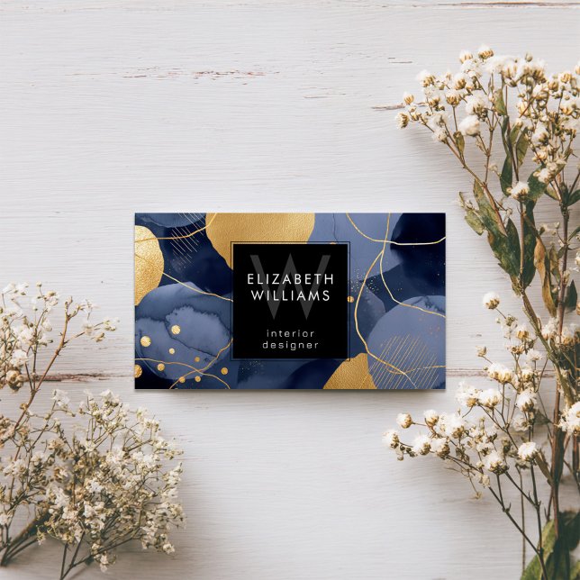 Navy Blue Gold Abstract Monogram Business Card (Creator Uploaded)