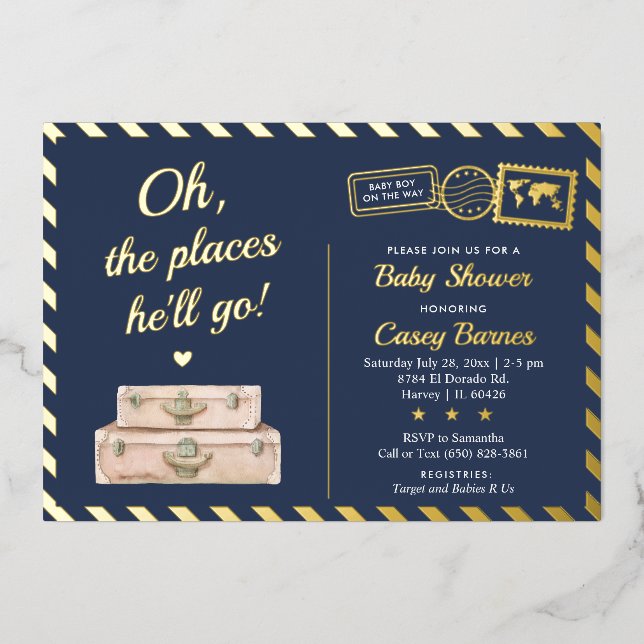 Navy Blue Gold Adventure Travel Baby Boy Shower  (Front)