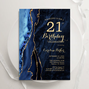 Navy Blue Gold Agate 21st  Birthday Invitation