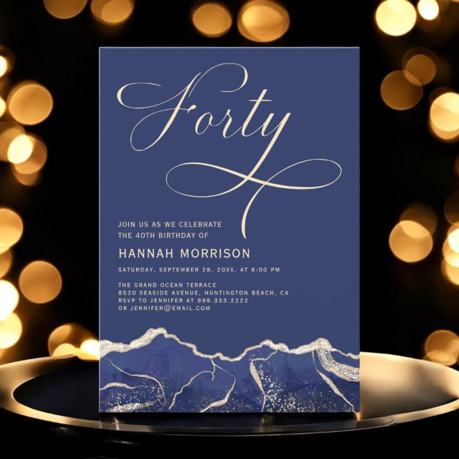 Navy Blue Gold Agate 40th Forty Birthday Party Invitation (Creator Uploaded)