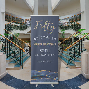 Navy Blue Gold Agate 50th Birthday Welcome Retractable Banner