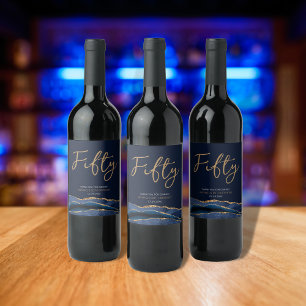 Navy Blue Gold Agate 50th Birthday Wine Label