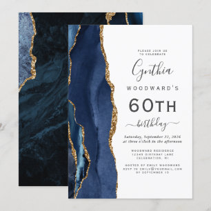 Navy Blue Gold Agate 60th Birthday Party Invitation