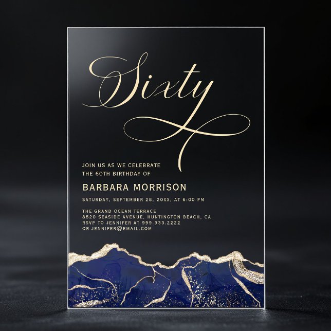 Navy Blue Gold Agate 60th Sixty Birthday Party Acrylic Invitations (Creator Uploaded)
