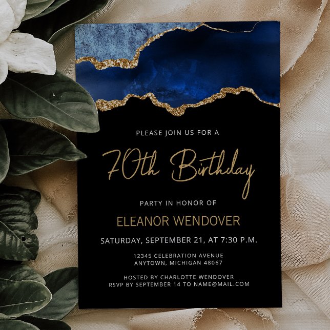 Navy Blue Gold Agate 70th Birthday Invitation (Creator Uploaded)