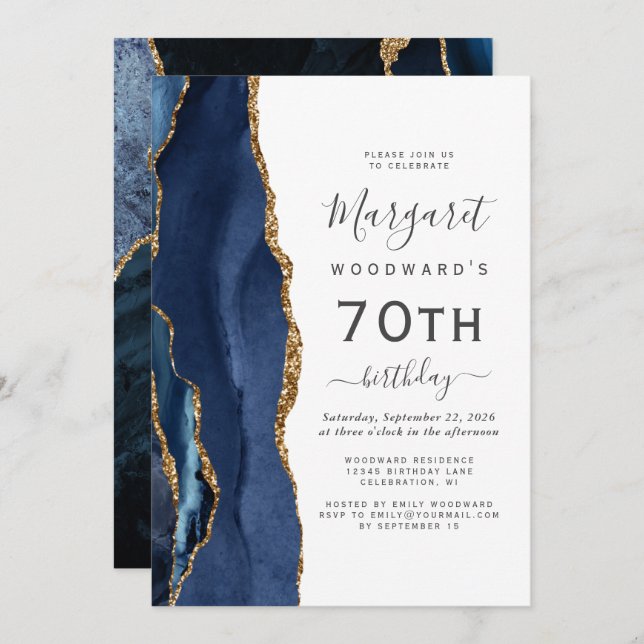 Navy Blue Gold Agate 70th Birthday Party Invitation (Front/Back)