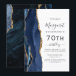 Navy Blue Gold Agate 70th Birthday Party Invitation<br><div class="desc">The left-hand edge of this elegant modern birthday party invitation features a navy blue watercolor agate border trimmed with gold faux glitter. The customisable text combines charcoal grey handwriting,  copperplate and italic fonts on a white background. The reverse side features a matching blue and gold agate design.</div>