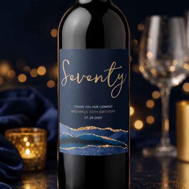 Navy Blue Gold Agate 70th Birthday Wine Label (Elegant Navy Gold 70th Birthday Wine Label)