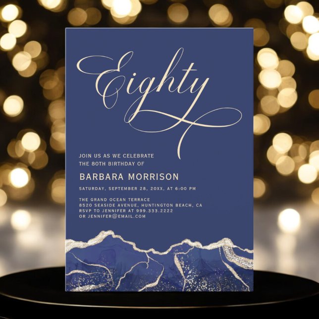 Navy Blue Gold Agate 80th Eighty Birthday Party Invitation (Creator Uploaded)