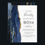 Navy Blue Gold Agate 90th Birthday Party Invitation<br><div class="desc">The left-hand edge of this elegant modern birthday party invitation features a navy blue watercolor agate border trimmed with gold faux glitter. The customisable text combines charcoal grey handwriting,  copperplate and italic fonts on a white background. The reverse side features a matching blue and gold agate design.</div>