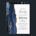 Navy Blue Gold Agate 90th Birthday Party Invitation<br><div class="desc">The left-hand edge of this elegant modern birthday party invitation features a navy blue watercolor agate border trimmed with gold faux glitter. The customisable text combines charcoal grey handwriting,  copperplate and italic fonts on a white background. The reverse side features a matching blue and gold agate design.</div>