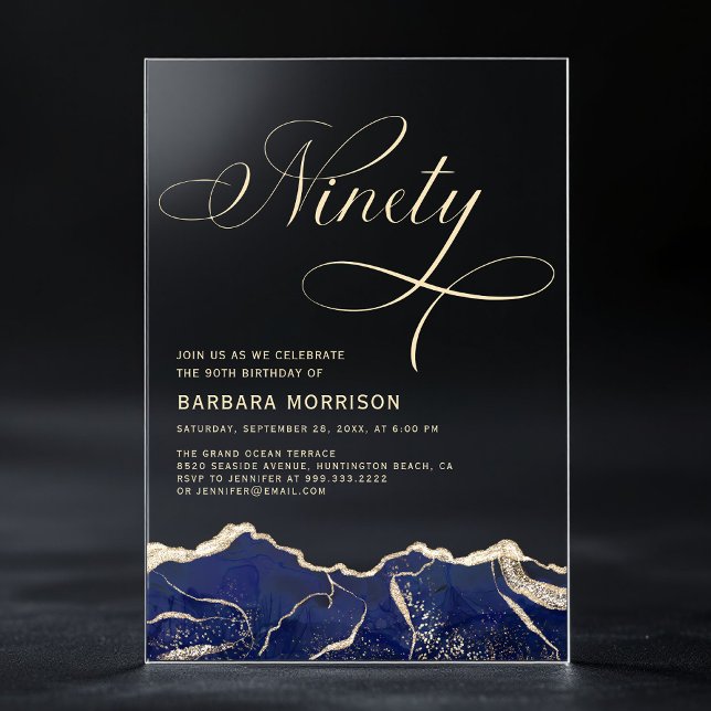 Navy Blue Gold Agate 90th Ninety Birthday Party Acrylic Invitations (Creator Uploaded)