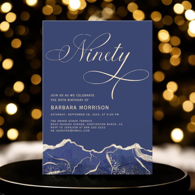 Navy Blue Gold Agate 90th Ninety Birthday Party Invitation (Creator Uploaded)