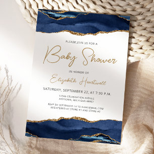 Navy Blue Gold Agate Baby Shower Invitation